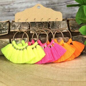 Earring Tassel Fan 3pr Neon Boho Dangle Hippie Ethnic Colorful Stylish Trendy